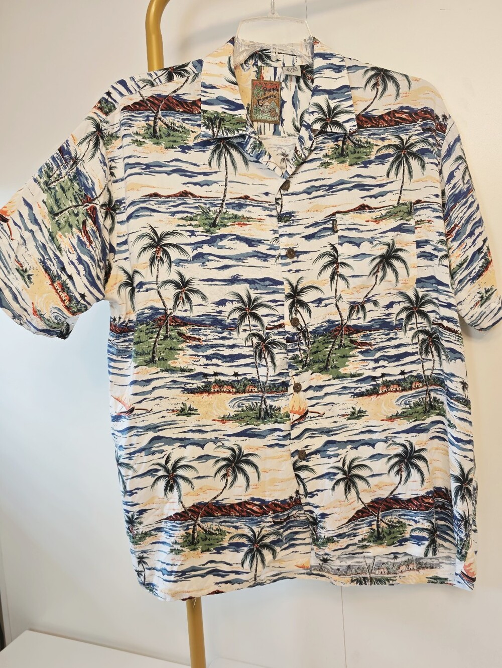 Tropical Print Pineapple Connection Button Up Shirt Mens L Blue Miami Hawaiian